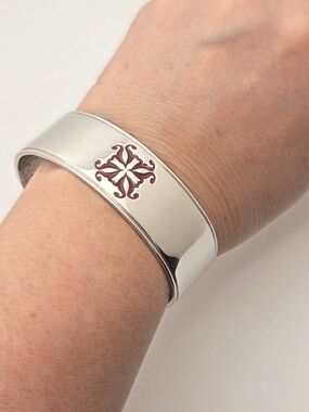 Rustic Cuff Silver Tone & Maroon Enamel Signature Logo Cuff Bracelet